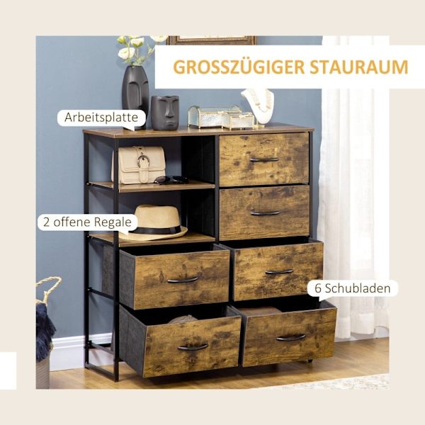 Rootz kommode - Industrielt opbevaringsskab - Kommode - Skænk - 6 skuffer - 2 hylder - Stålramme - MDF-paneler - 84 cm x 30 cm x 92 cm
