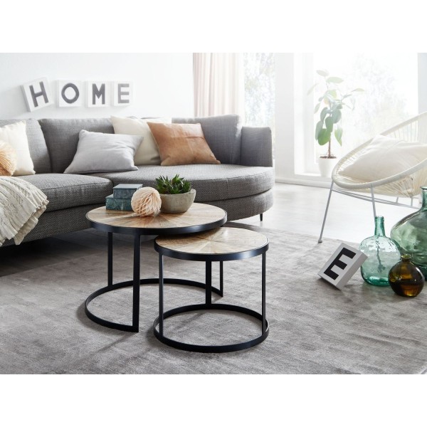 Rootz design soffbordsset med 2 st mango massivt trä häckbord runda - Soffbord med metallben brunt - Bordsunderlägg 2-delat häckbord i trä - metall sv