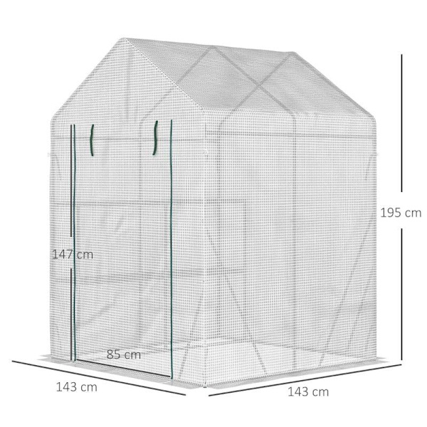 Rootz Folieväxthus - Walk In Greenhouse med 4 hyllor - Tomatväxthus - Kallram med dragkedjedörrar - Stål - PE Plast - Vit - 143 x 143 x 195 cm