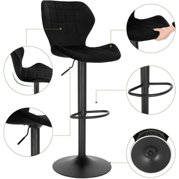 Rootz Velvet Metal Barstol - Bordskammel - Drejestol - Komfortabelt højdensitetsskum - Justerbar højde - Robust design - 48cm x 38cm x 60-82cm