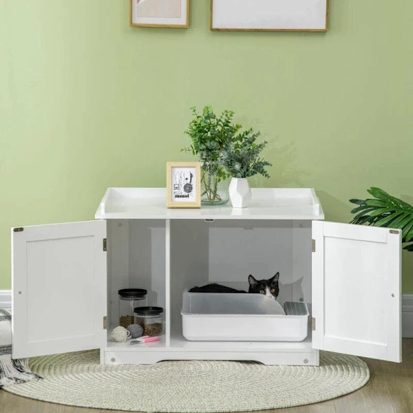 Rootz kattebakke - Kattehus - med magnetisk skilledør - Sidehylde - MDF - Hvid - 86 x 48 x 52 cm