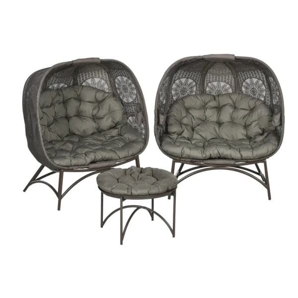 Rootz Trädgårdsmöbelset - 2 korgstolar - Sidobord - Fällbart - Sittdynor - Metallram - Stål-Polyester - Sand - 110w X 52d X 40h Cm