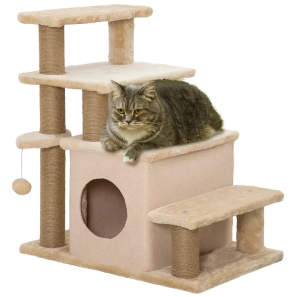 Rootz Pet Trapper - Kradsestolpe - 4 trin - Legeboldhus - Højdejusterbar - Spånplade - Plys - Filtstof - Beige - 60 X 40 X 66 Cm