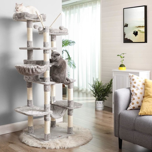 Rootz Cat Tree - Skrapstolpe - Hängmatta - Cat Cave - 6 nivåer - Grå - Beige - 50 x 50 x 164 cm