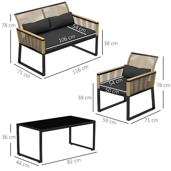 Rootz 4 stykker Rattan Garden Set - Balkon Møbler - Vejrbestandigt Sofa Set - Komfortpuder - 116 cm x 71 cm x 78 cm
