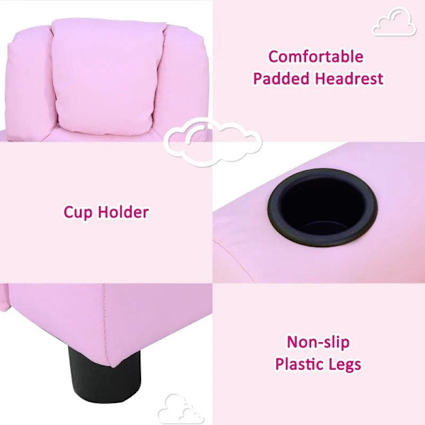 Rootz Barnfåtölj - Minifåtölj - Barnsoffa - Liggfåtölj - Liggfunktion - Inbyggd mugghållare - Rosa - 62 x 52 x 69 cm