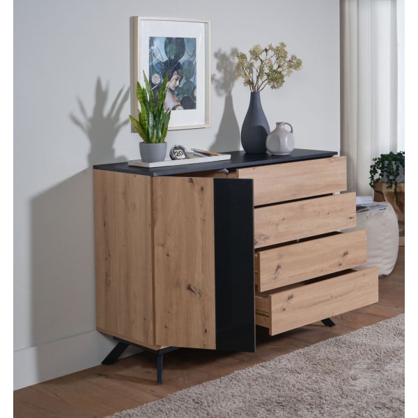 Rootz skænk 110x87x40 cm MDF skænk i egetræsindretning - sort - kommode med 4 skuffer - Kommode skab hall skab med dør moderne - Gulvstående skab stue