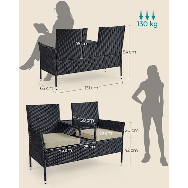 Rootz 3-osainen puutarhasohva - Ulkosohva - Terassikalusteet - Teräsrunko - 65cm x 131cm x 84cm - Musta-Taupe - Paino 13kg