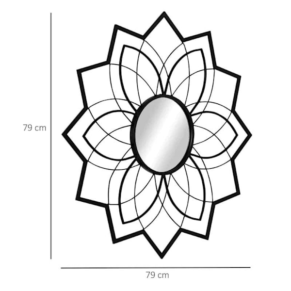 Rootz rundt spejl med blomstermønstre - Vægspejl - Spejlglas - Metal - MDF - Sort - 79 cm x 79 cm x 0,4 cm