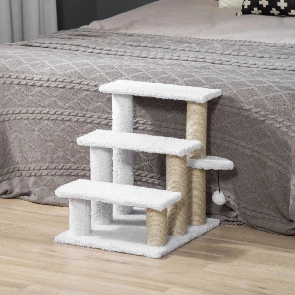 Rootz Pet Trappor - Skrapstolpe - Trappa - Katttrappa - Hundtrappa - Djurtrappa - Spånskiva/Jute/Plysch - Vit - 45 x 40 x 48 cm