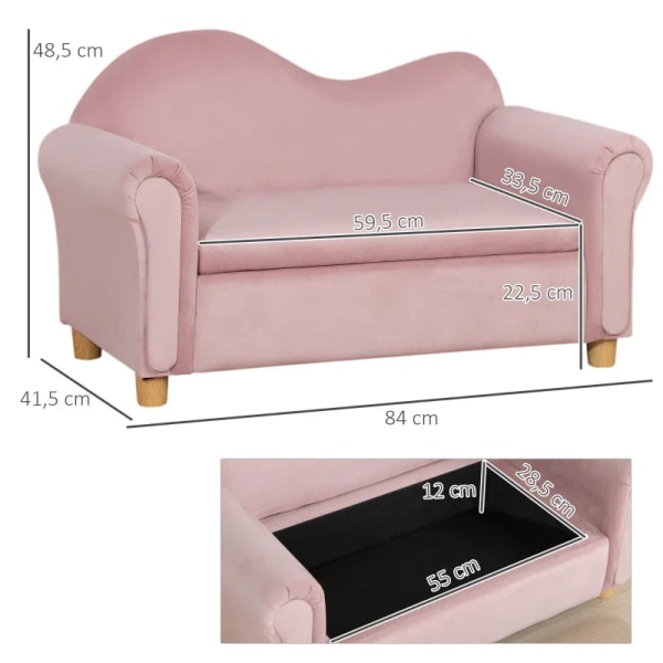 Rootz børnesofa - To-personers til børn - 3-5 år - Opbevaringsplads - Ramme af naturligt træ - Pink - 84 x 41,5 x 48,5 cm