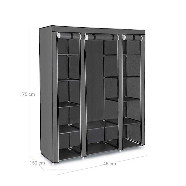 Rootz Grey Fleece Stof Foldeskab - Opbevaringsorganisering - Bærbar garderobe - Stålrørskonstruktion - Letvægts - Nem montering - 150 cm x 175 cm x 45
