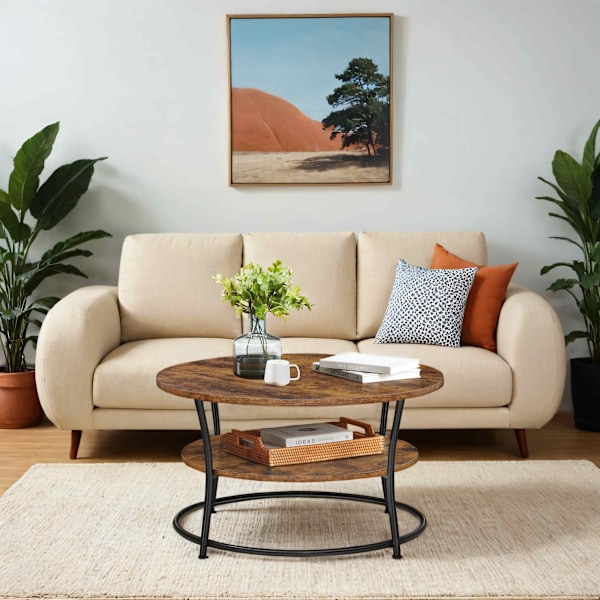 Rootz Round sofabord - Sofatisk med hylde - Stue Bord - Holdbart træspanel og stål - 80 cm x 45 cm