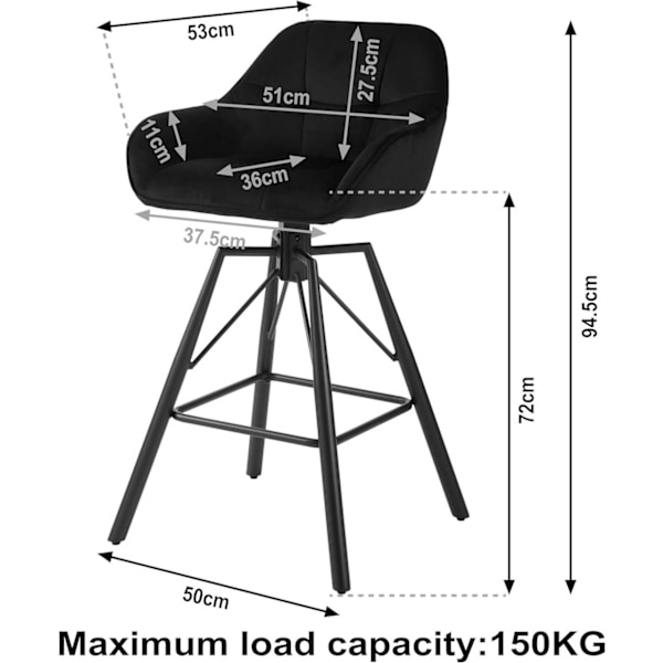 Rootz Velvet Barstolesæt - Drejelige sædestole - Høj komfort - Ergonomisk design - 51 cm x 94,5 cm x 53 cm - Creme, Mørkegrå, Sort