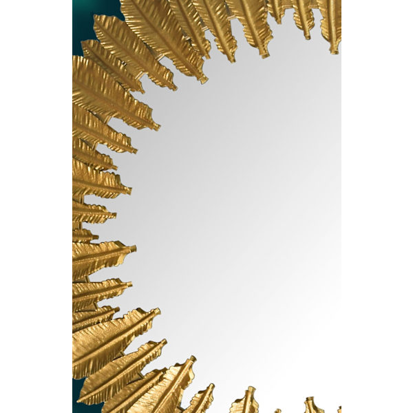 Rootz rund vægspejl - Dekorativt spejl - Fjerramme - Håndlavet design - 68cm x 68cm x 3cm - Guld - Glas og jern - 50cm Diameter