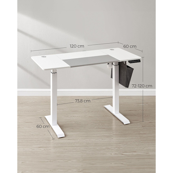 Rootz elektrisk stående skrivebord - Justerbart skrivebord - Sit Stand Skrivebord - Spånplade stålramme - 60cm x 120cm x (72-120)cm - White-Dove Grå -