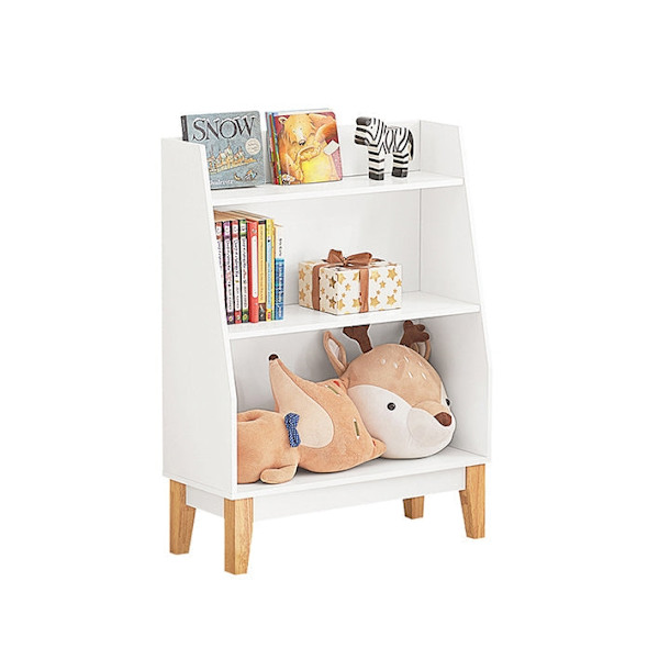 Rootz børnebogreol - Opbevaringsstativ til legetøj - Organizer til børn - Hvid MDF og fyrretræ - Sikkerhedssikring - Robust konstruktion - 60 cm x 80