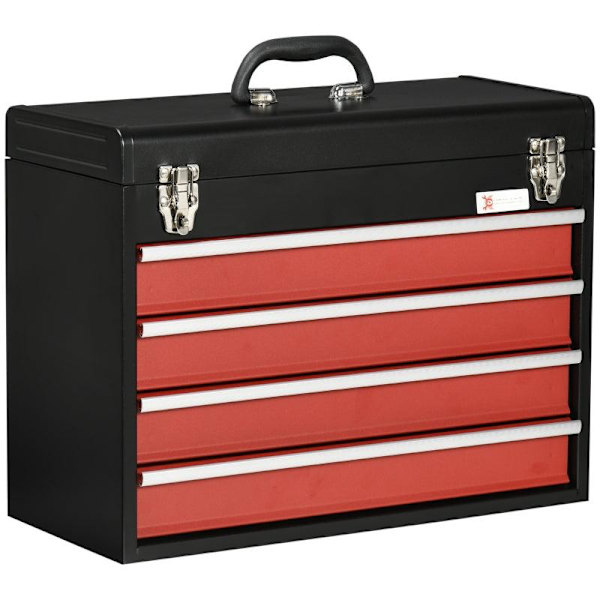 Rootz Tool Case - Verktygslåda - 4 lådor - Låsbar - Stålkåpa - Svart + Röd - 51 x 22 x 39,5 cm