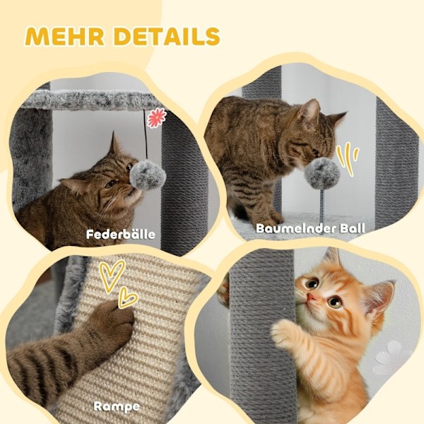 Rootz Cat Scratching Post Tree - Justerbara höjder - Mysiga hängmattor - Flera nivåer - Mjukt skydd - Rejäla stöd - Golv till tak - Grå - 60cm x 48cm