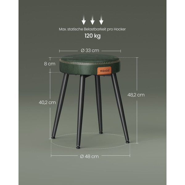 Rootz Forest Green Steel -baarituolisetti - Työpöytäjakkara - Keittiöjakkara - 58D Muotoiltu vaahtomuovi - PU-synteettinen nahka - Vaneri - 48 cm x 48