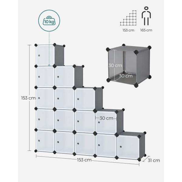 Rootz 16 Cube Grey Opbevaringsorganisering - Skab Organizer - Terningopbevaring - PP Plastpaneler - Metaltrådramme - ABS plastikforbindelser - 153cm x
