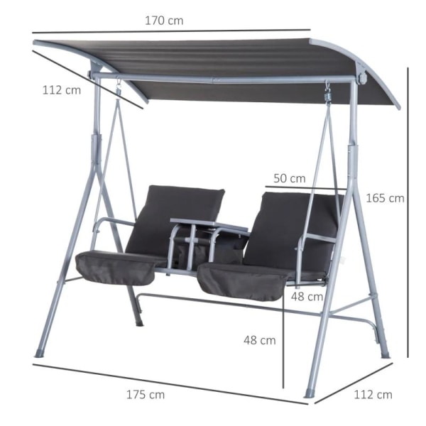 Rootz Hollywood Gynge - Havegynge - Gyngestol - 2-personers - Solsejl - Grå - 175 x 112 x 165 cm