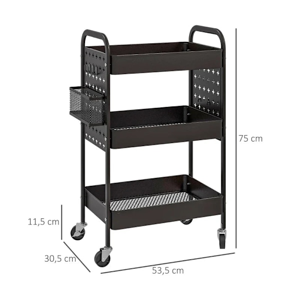 Rootz Multifunktionsvogn - Køkkenvogn - 3 hylder - 4 hjul - Sort - 53,5 cm x 30,5 cm x 75 cm