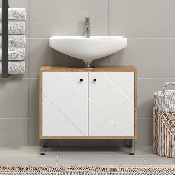 Rootz Washbasin Vanity - Bathroom Cabinet - Storage Unit - Sink Base - Vanity Stand - Bath Organizer - Under-sink Holder - White Matt Lacquer with Art