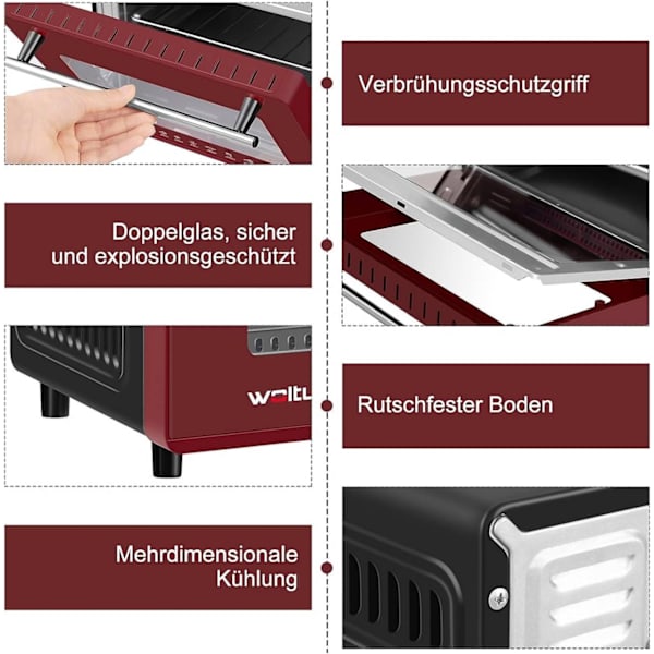 Rootz Pink Mini Ugn - Kompakt bordsugn - Liten bakbröd - 10L Kapacitet - 36,5x22,1x28,5 cm - 650W - Dubbelglasdörr
