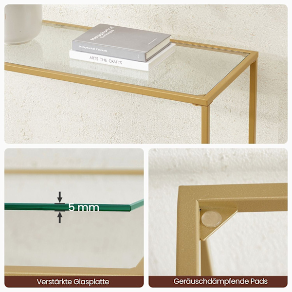 Rootz guldfarvet gennemsigtigt glaskonsolbord - Stålstel - Entrébord - Sofabord - Robust konstruktion - Nem montering - 35 cm x 120 cm x 80 cm