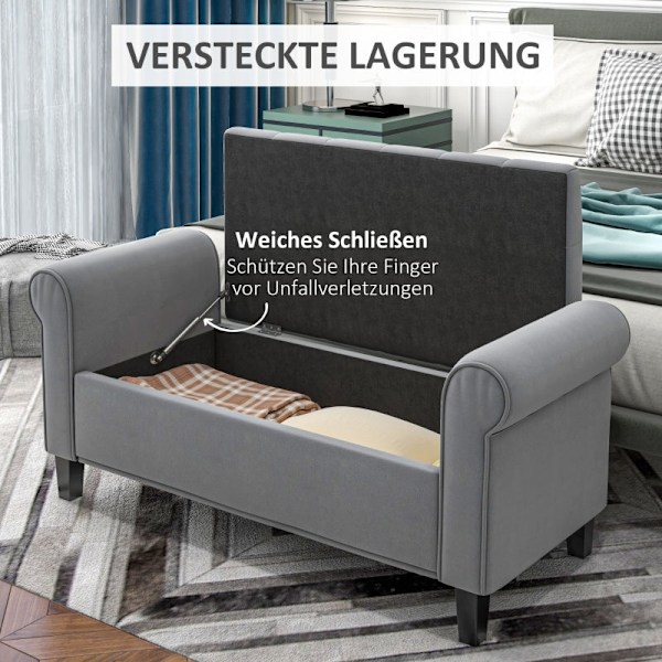 Rootz polstret sengebænk - Fløjlsbænk - Opbevaringsbænk - Elegant design - Rigelig opbevaring - Komfortable siddepladser - 126 cm x 48,5 cm x 57 cm -