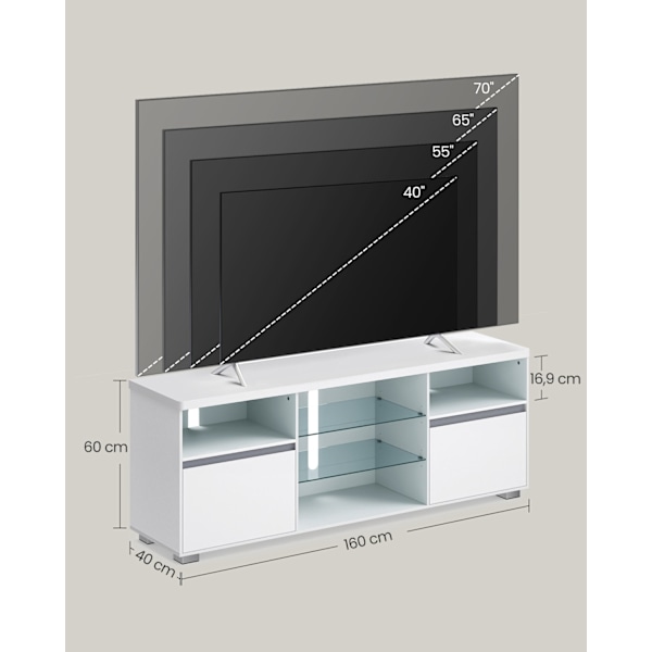 Rootz White TV-taso - Viihdekeskus - Mediakonsoli - Lastulevy - Karkaistu lasi - 40 cm x 160 cm x 60 cm - 37,2 kg - 40 kg Pöydän enimmäiskuormitus - 9