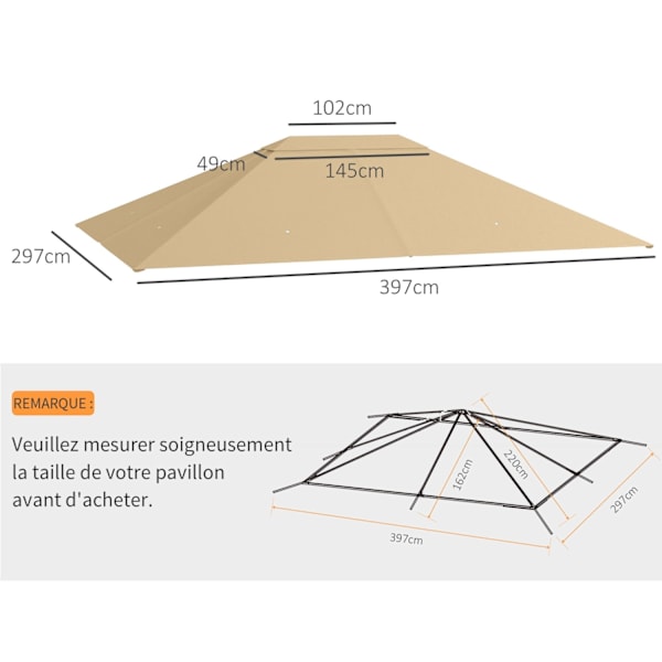 Rootz Pavilion Replacement Roof - Baldachin - Canopy Top - Vejrbestandig & UV30+ - 397 cm x 297 cm - Khaki