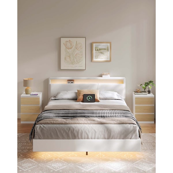 Rootz -sängyn pöytä 2 Laatikon asetettu - Yöpöytä - Bedside -kaappi - Latausasema - 35 cm x 40 cm x 59cm - valkoinen ja ruskea