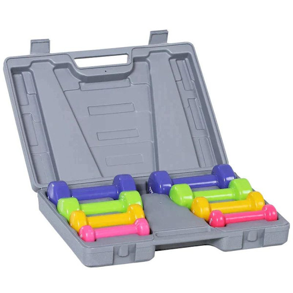 Rootz Hantlar Set - 4 par hantlar med fodral - Järn + Plast - Röd + Gul + Grön + Lila - 41L x 30W x 8H cm