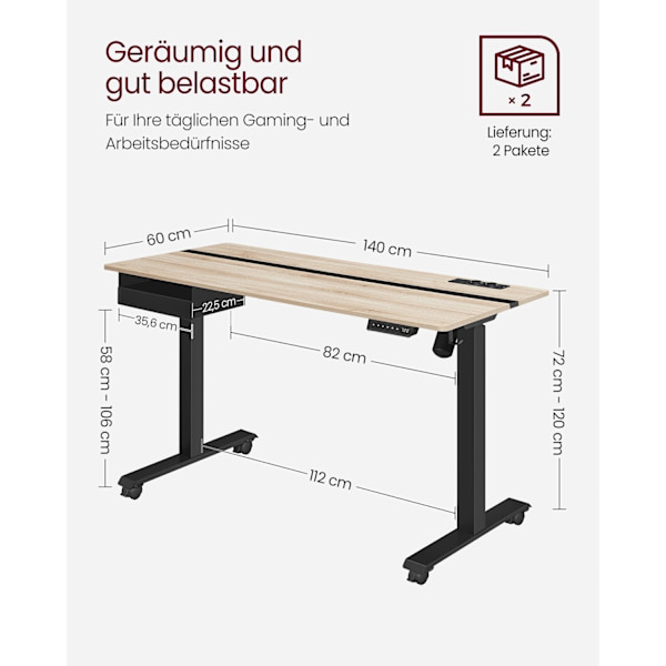 Rootz justerbart stående skrivebord - Greige Sort - Spånpladestål - Elektrisk skrivebord - 60 cm x 140 cm x (72-120 cm) - Stille motor - 31,6 kg