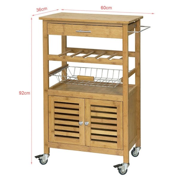 Rootz Bamboo Køkkenvogn med hjul - Tevogn - Serveringsvogn - Flaskestativ, Håndklædeholder, Aftagelig kurv - 60 cm x 92 cm x 36 cm