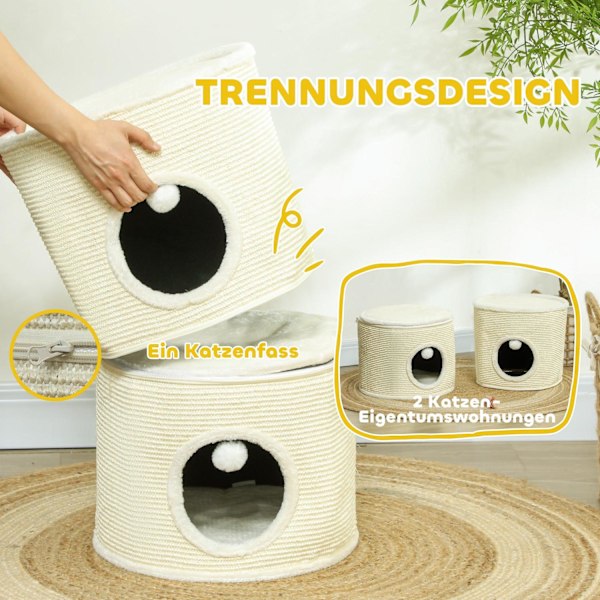 Rootz 3 Tier Cat Scratching Barrel - Cat Tower - Indoor Cat House - Sisal Cover skyddar möbler - Ø42 x 69H cm - Grå