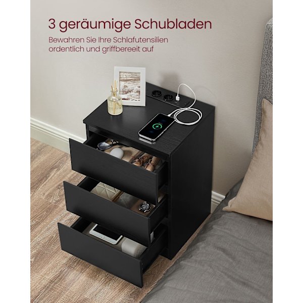 Rootz sidebord med 3 skuffer - Natbord - Natbord - Moderne design - Ibenholts sort finish - 45cm x 40cm x 60cm