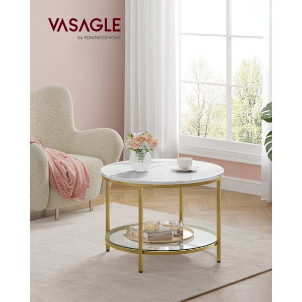 Rootz Marble White-Light Gold Soffbord - Vardagsrumsbord - Modernt bord - Spånskiva - Härdat glas - Stål - Justerbara fötter - Lätt - Rymlig - Enkel m