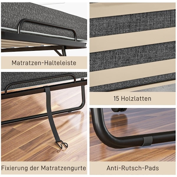 Rootz hopfällbar gästsäng - Campingsäng - Bärbar sovplats - Madrass med linnelook - Stålram - 190cm x 80cm x 42cm