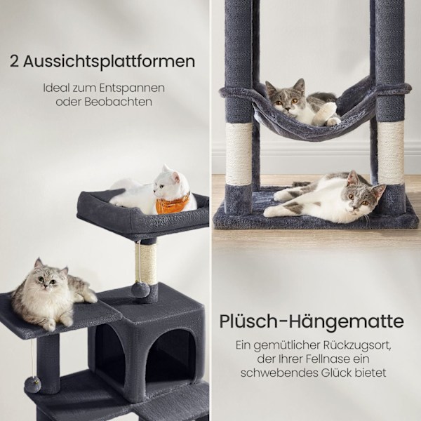 Rootz Cat Scratching Post - Cat Tree - 143 cm High Scratch Tower - Mjukt plyschskydd - 55 x 45 x 143 cm