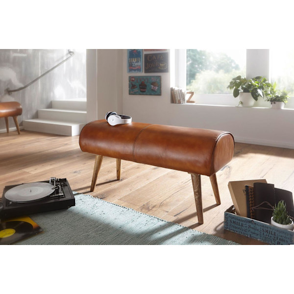 Rootz bænk ægte læder - massivt træ bænk 100x53x40 cm - 2-personers polstret bænk hall springbok brun - Lille læder sengebænk Hall møbler hall bænk