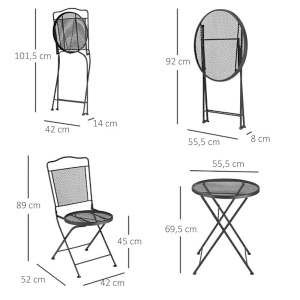 Rootz 3 dele bistrosæt med bord og 2 stole - Havemøbler - Metal - Sort - 55,5 x 55,5 x 69,5 cm