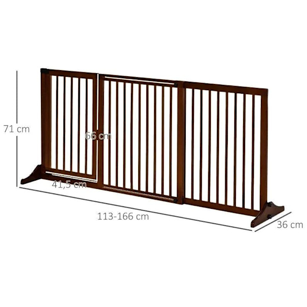 Rootz Barriär - Hundspärr - Hunddörrport - Säkerhetsgrind av trä - Fristående hundgrind med dörr - Konfigurationsgrind - Brun - 113-166 x 36 x 71 cm