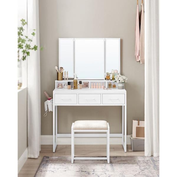 Rootz Sminkbordsset - Sminkbord - Sminkbordspall - Spånskiva stålkonstruktion - Vit - 40cm x 90cm x 141cm