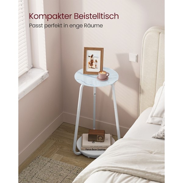Rootz Marble Vit Runt Sidobord - Spånskiva stål Härdat glas - Liten design - 30 cm d x 55 cm H - Lättvikt - 3,9 kg - 25 kg Kapacitet