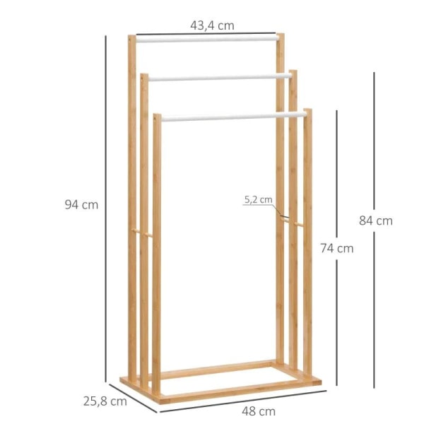 Rootz Håndklædestativ - Håndklædestativ - Lavet af bambus - 3-delt design - 3 håndklædeholdere - Naturlig + Hvid - 48cm x 25,8cm x 94cm