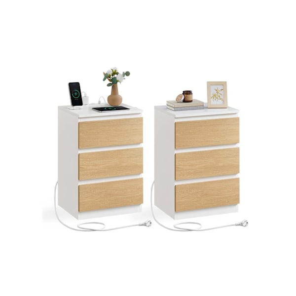Rootz -sängyn pöytä 2 Laatikon asetettu - Yöpöytä - Bedside -kaappi - Latausasema - 35 cm x 40 cm x 59cm - valkoinen ja ruskea