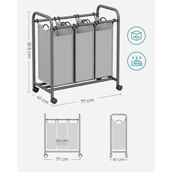 Rootz 2-pak vasketøjssortering - grå tøjkurv - rullende vasketøjsvogn - stålramme - 77 cm x 41 cm x 81,5 cm